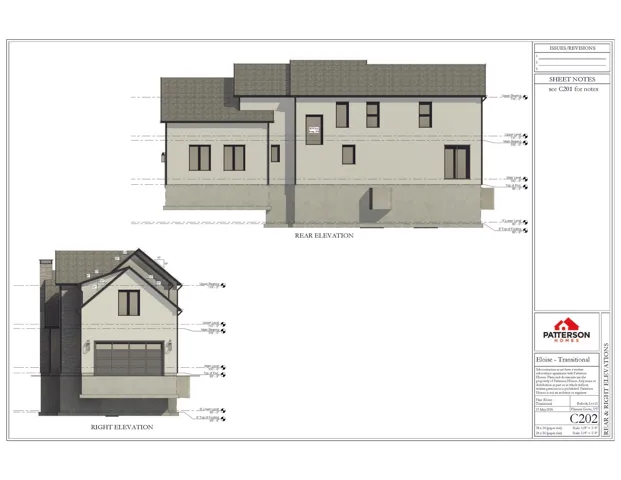 Architectural Drawing, Elevations. Displaying the rear and right side views of the property