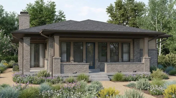 Craftsman-style exterior featuring a dark asphalt shingle roof, stone and brick facade, a covered front porch, and a prominent brick chimney