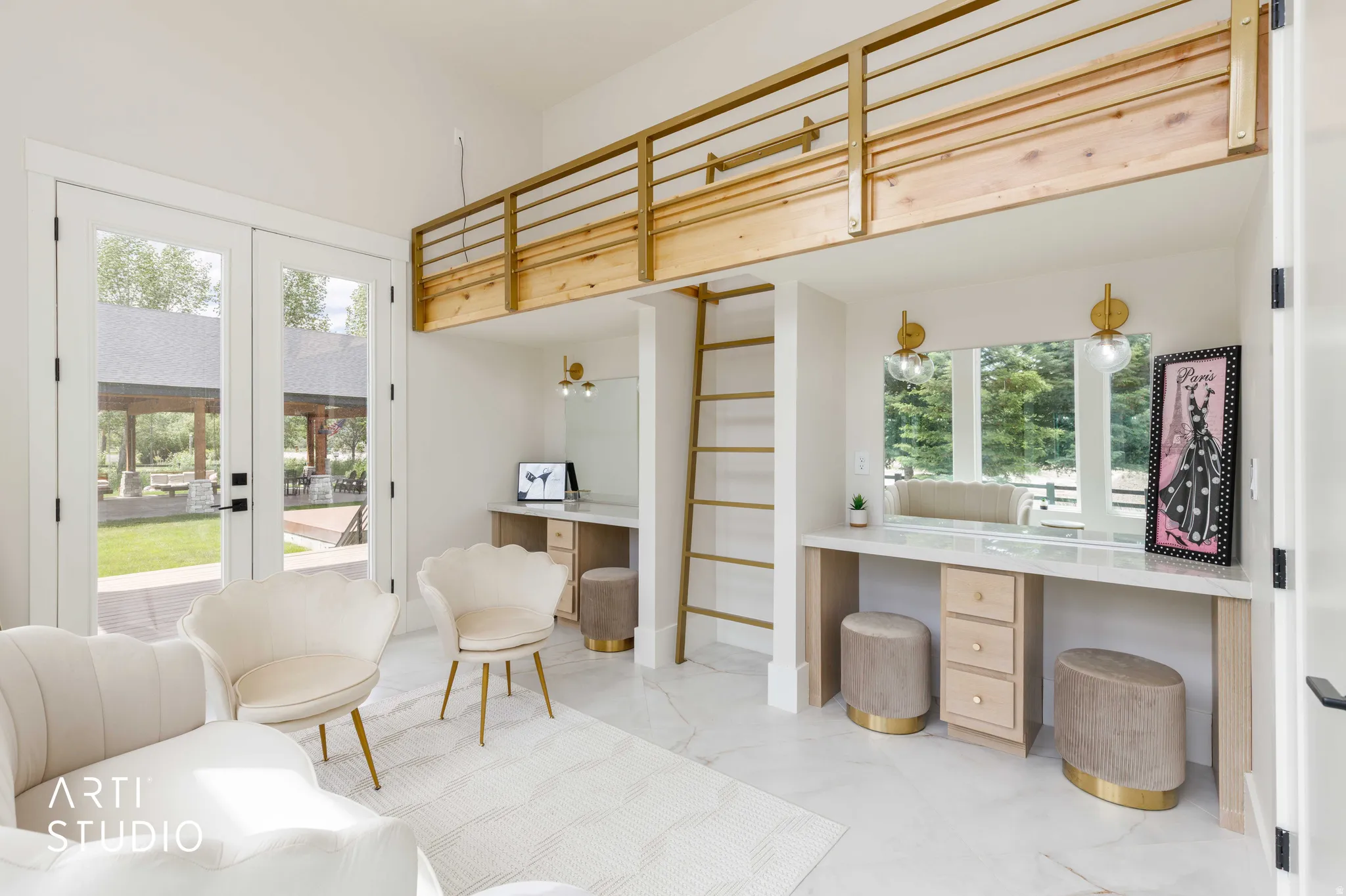 Interior space with a wood-finish loft featuring a gold-toned railing and ladder, dual vanity stations with integrated mirrors and wall sconces, and white tile flooring