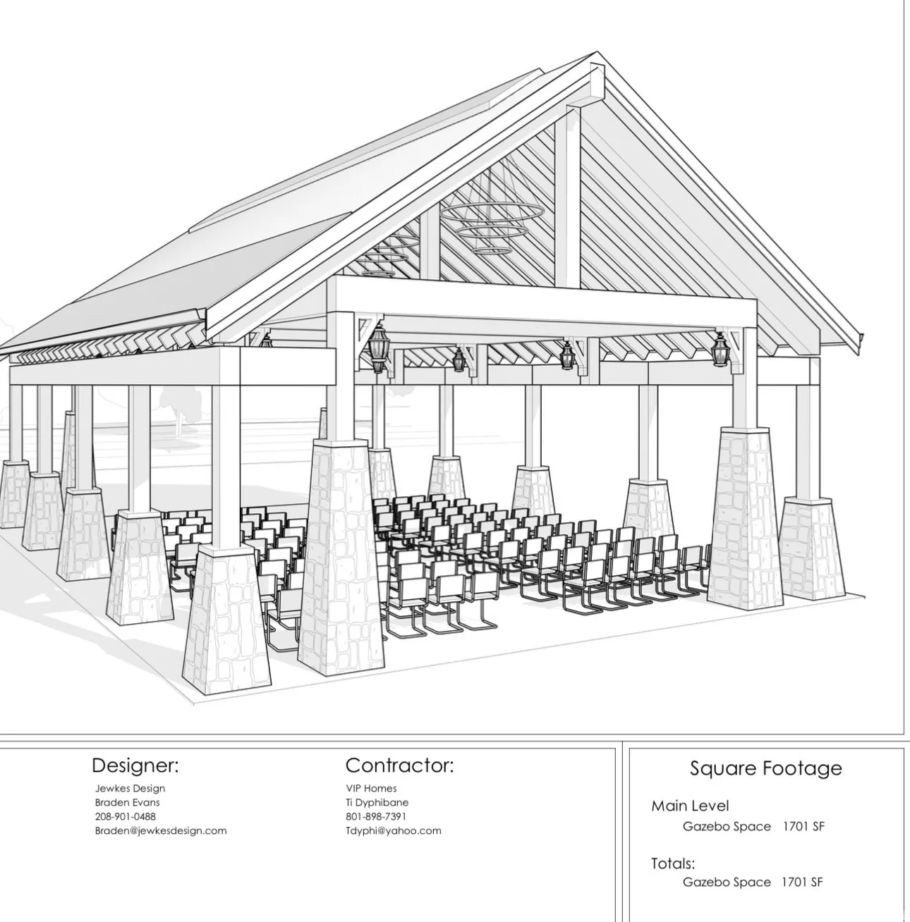 Architectural Drawing. Illustrating the design and specifications of a gazebo structure, including square footage and contact information for the designer and contractor