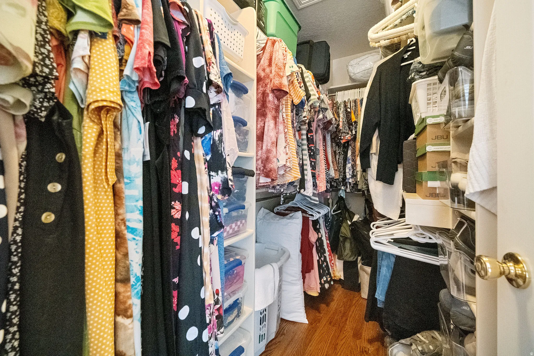 Primary walk-in closet with built-in shelves and ample hanging space.