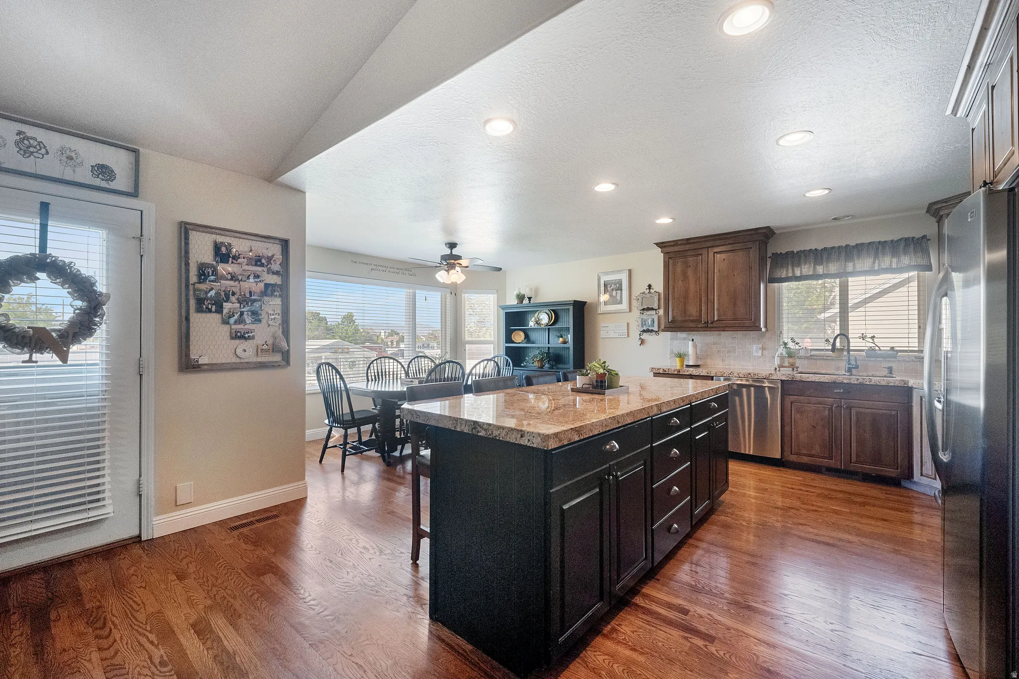 Ample natural lighting and window coverings throughtout.