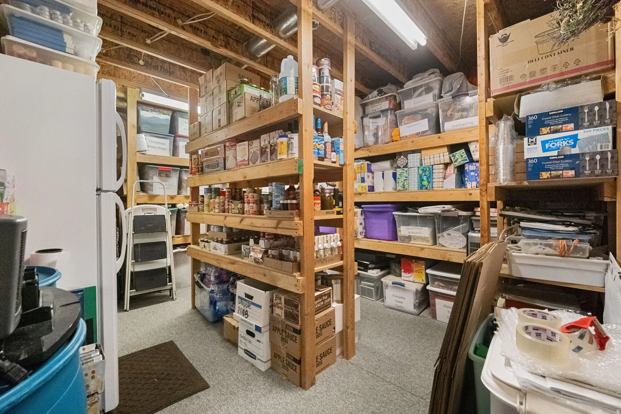 Dedicated storage room featuring extensive wood shelving.