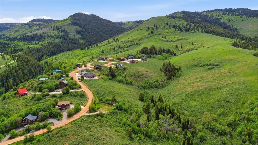 Rural landscape featuring extensive green hills and valleys, scattered evergreen trees, and several residential properties