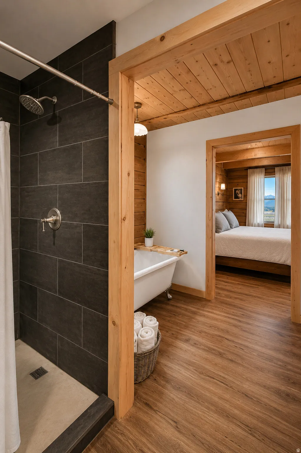Bathroom featuring a walk-in shower with dark gray tile surround and rainfall showerhead, wood-finish flooring, and a freestanding clawfoot tub