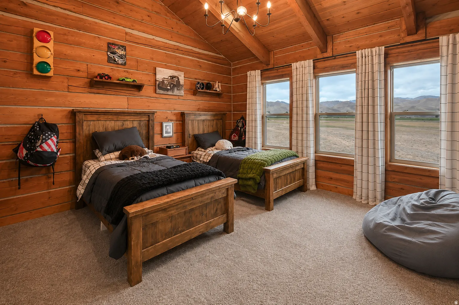 Room featuring wood-plank walls and ceiling with exposed beams