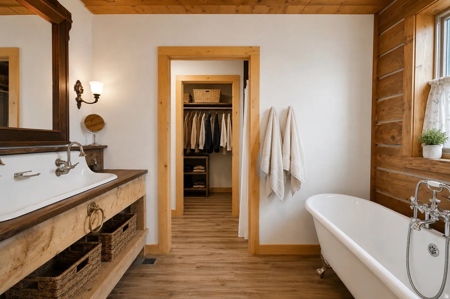 Bathroom featuring a freestanding clawfoot tub, wood-finish flooring, and a vanity with an integrated sink