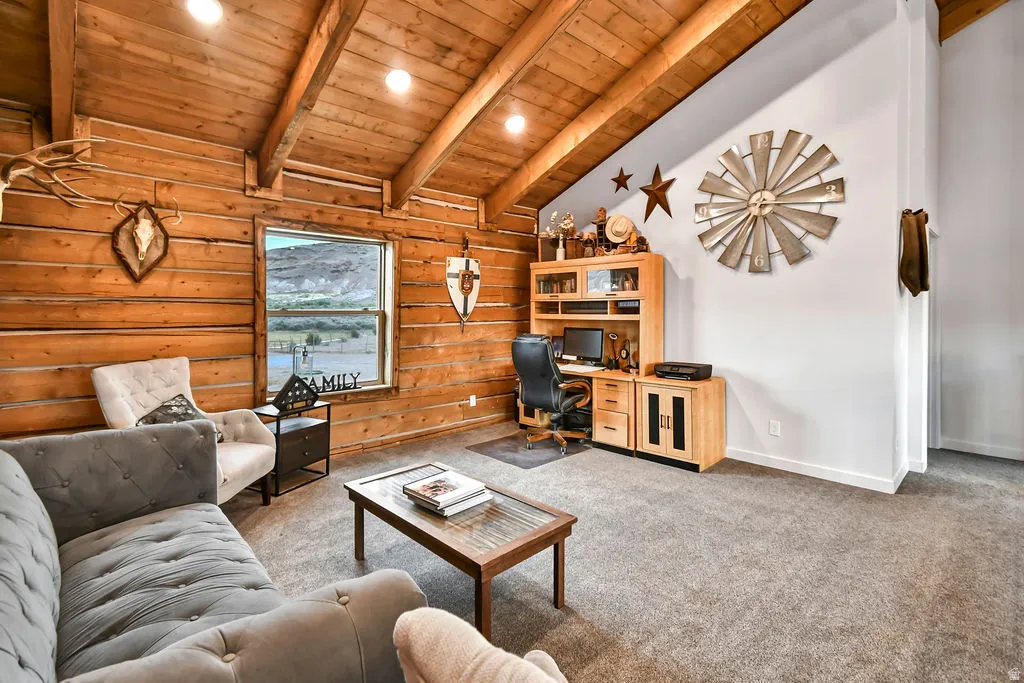 Vaulted wood-finish ceiling with exposed beams