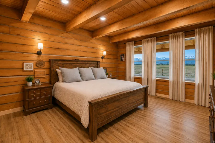 Log-style walls and exposed wood beams define this room