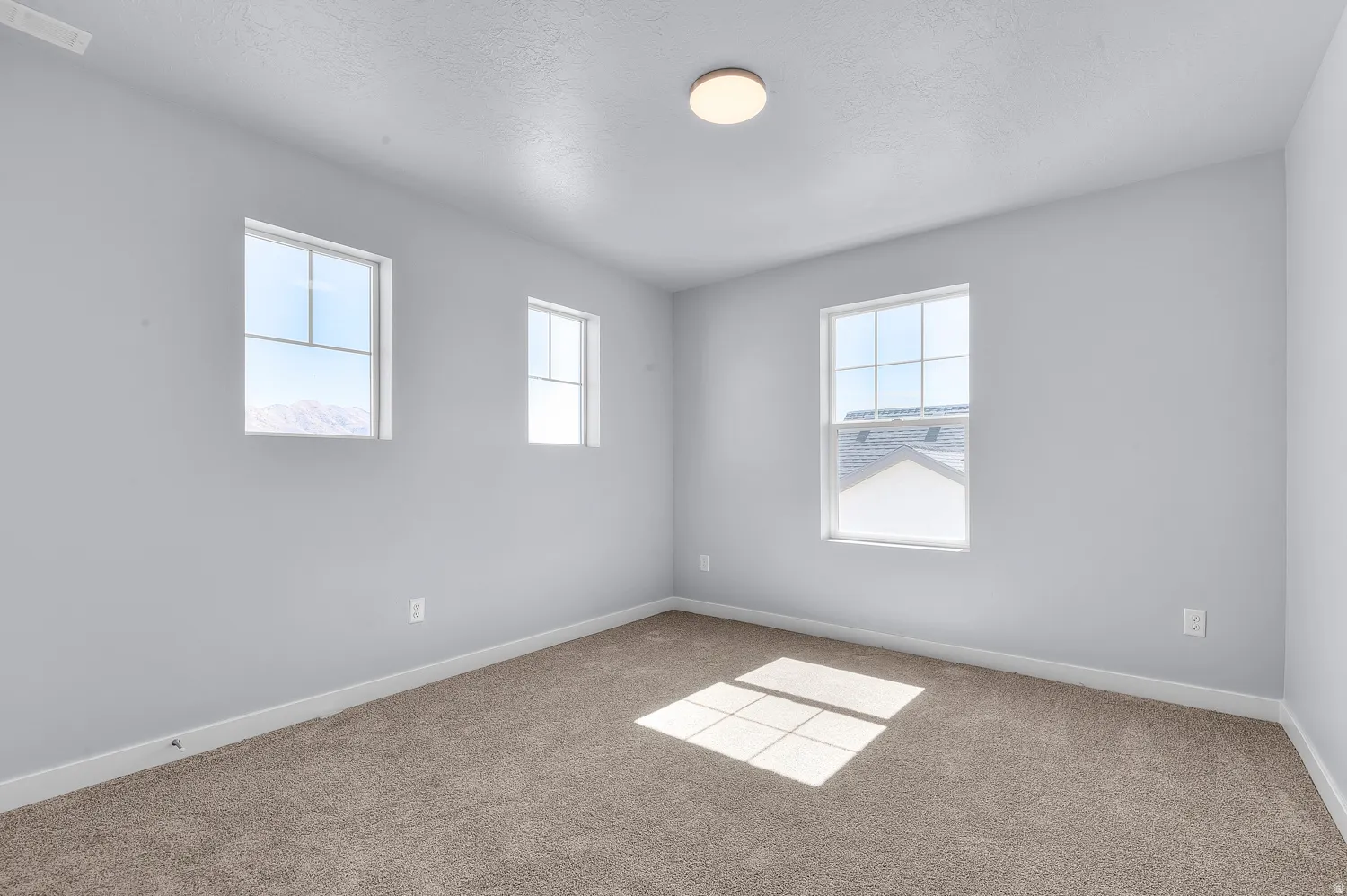 Room featuring light gray walls and brown carpet flooring
