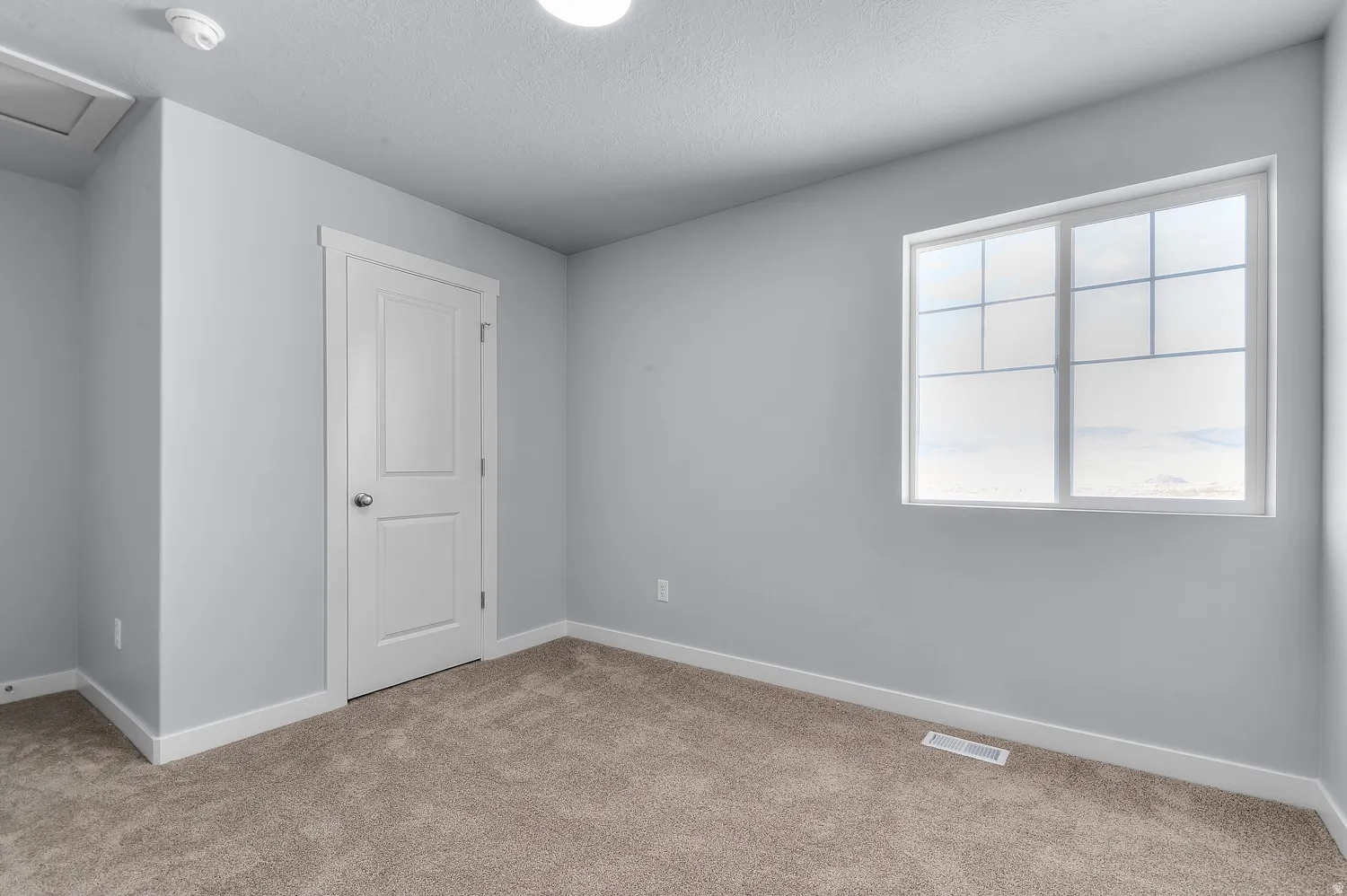 Neutral-toned carpeting complements light gray walls and white trim