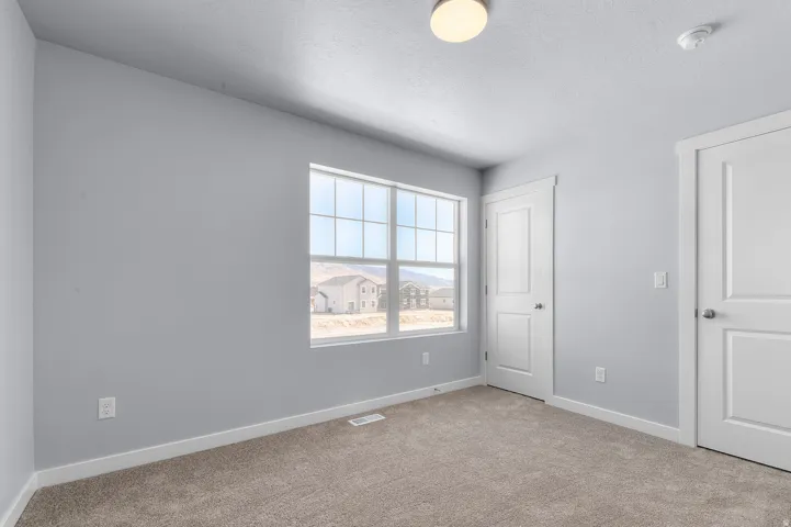 Carpeted room featuring a double-pane window with grids, white trim, and light gray walls