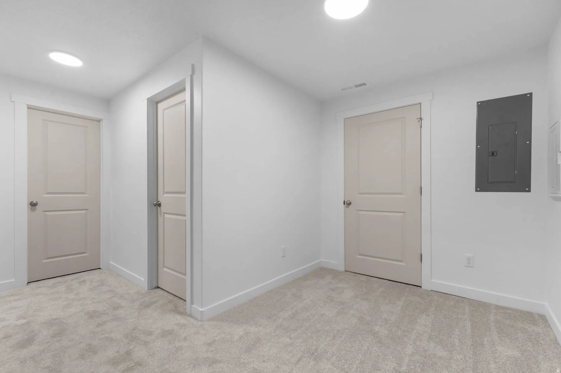 Interior hallway featuring light beige carpeting and white walls