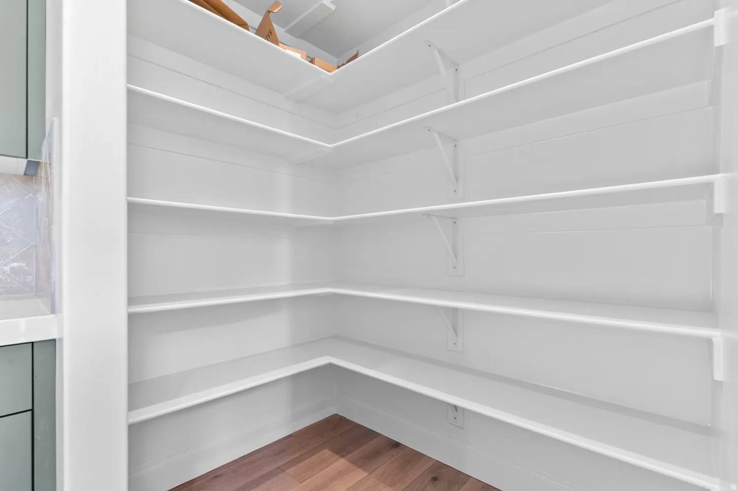 Walk-in pantry featuring extensive white shelving