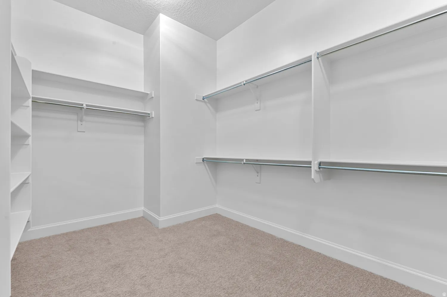 Walk-in closet featuring light-colored carpeting, white baseboards, extensive built-in shelving, and multiple clothing rods