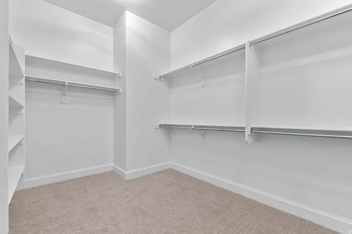 Walk-in closet featuring light-colored carpeting, white baseboards, extensive built-in shelving, and multiple clothing rods
