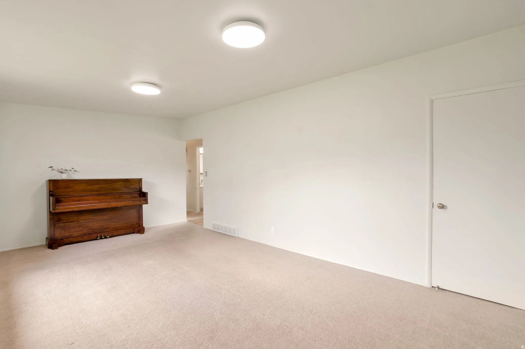 Carpeted interior space featuring white walls and two ceiling-mounted circular light fixtures
