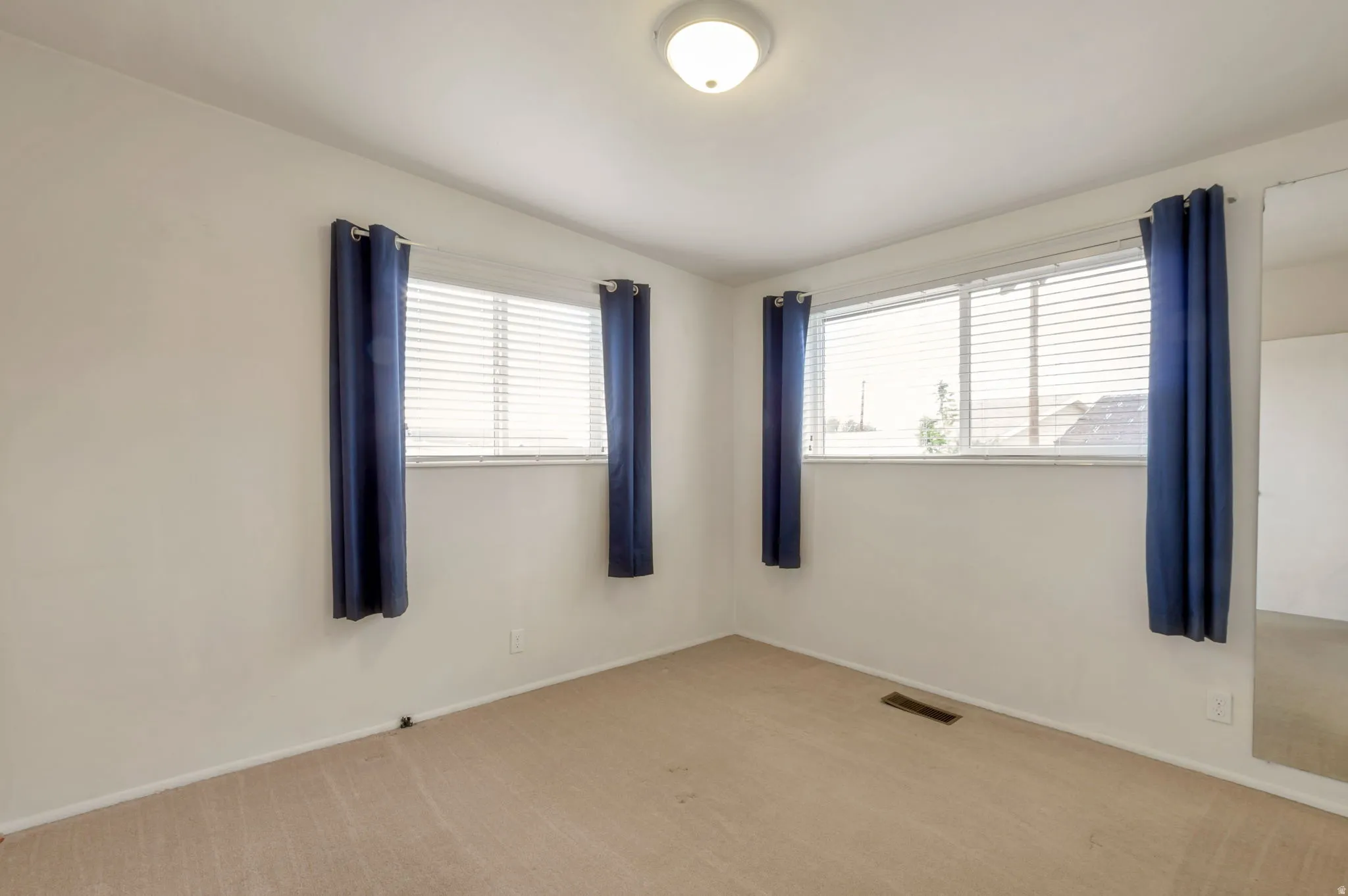 Bright room featuring two windows with horizontal blinds, a ceiling-mounted light fixture, and carpeted flooring