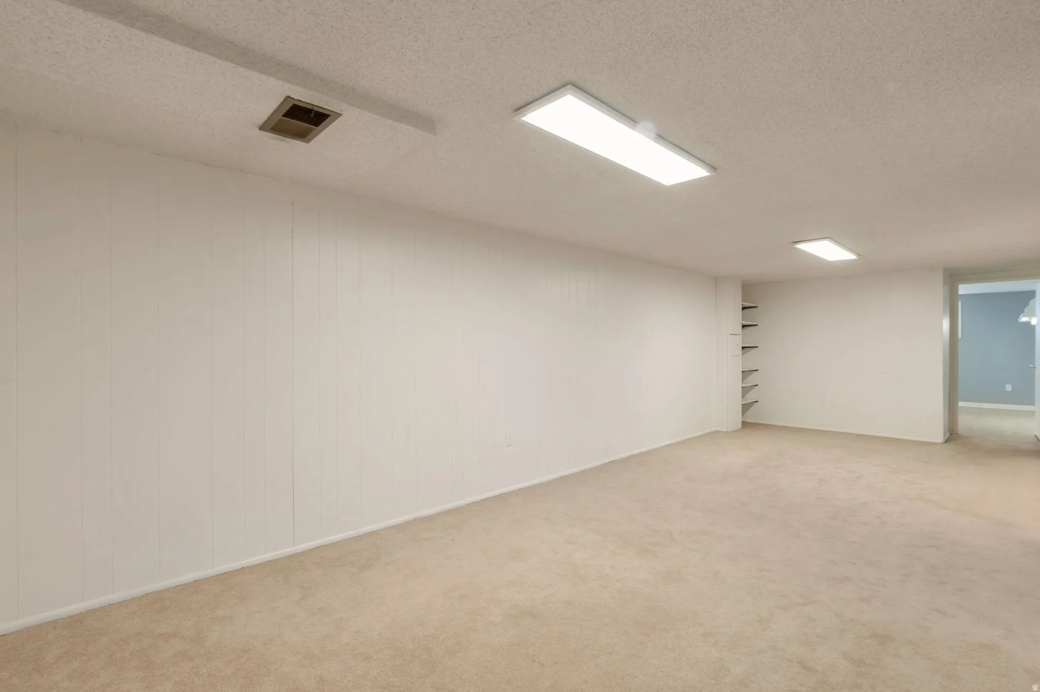Expansive room featuring light-toned carpeting and vertical paneling