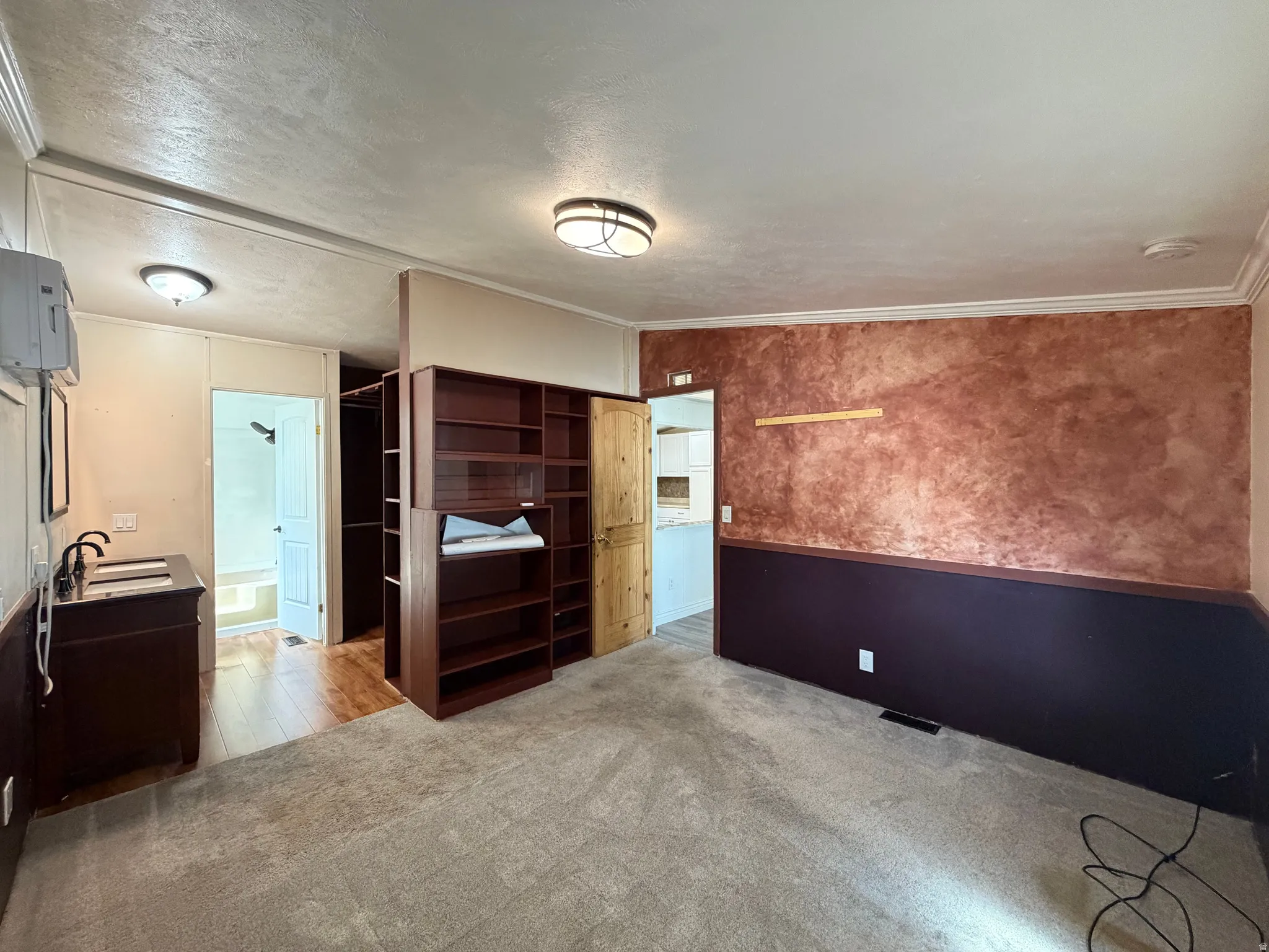 Carpeted room with a built-in shelving unit, dual sink vanity with dark cabinetry, and access to a full bathroom with a shower-tub combination