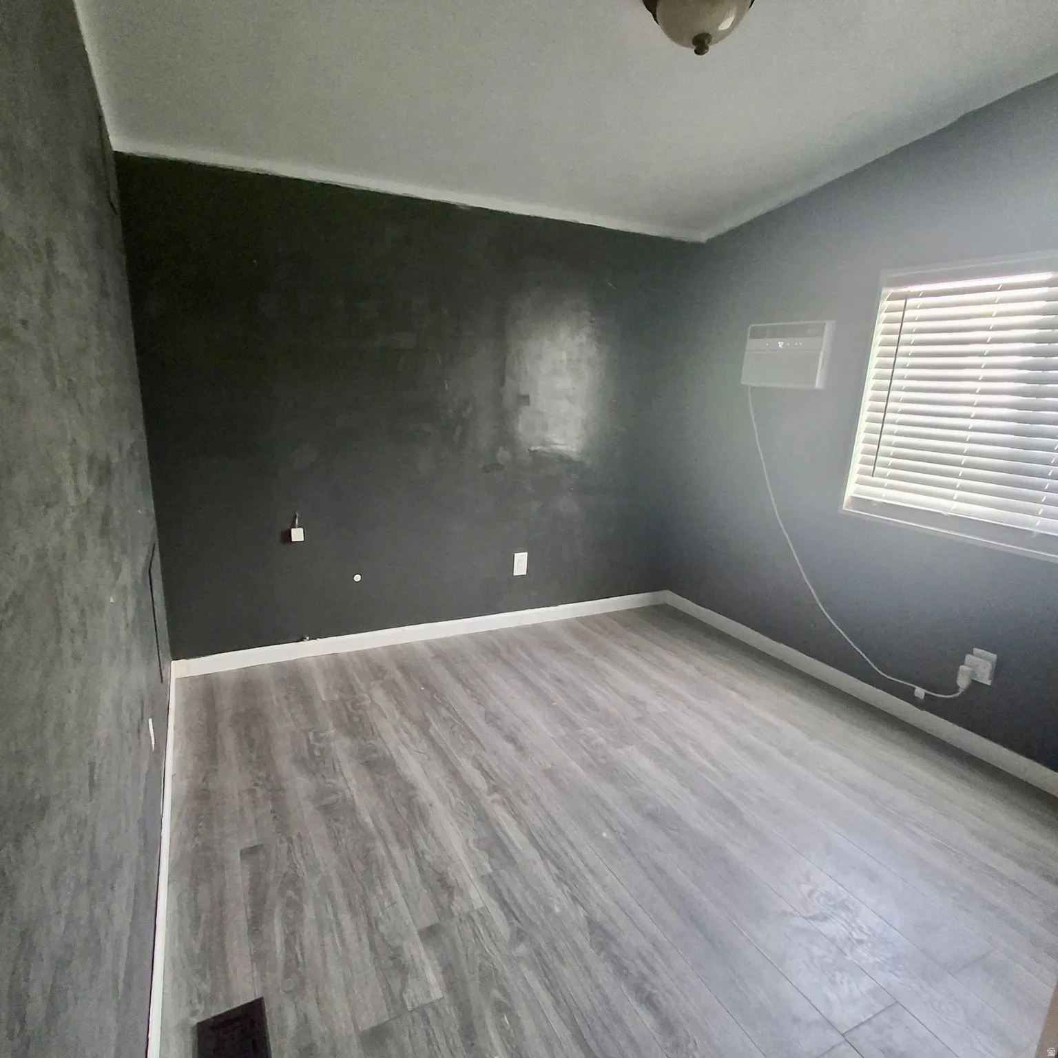 Room with light wood-finish flooring, dark gray walls, and white baseboards