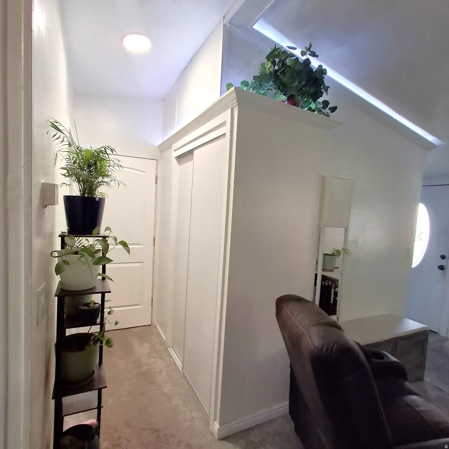 Hallway with light gray carpet flooring and white walls