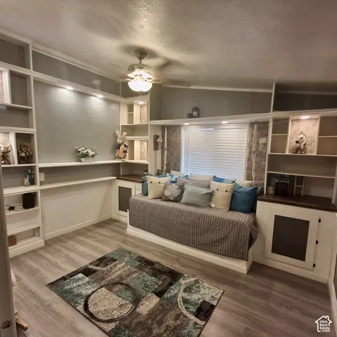 Built-in shelving and cabinetry with recessed lighting, wood-finish flooring, and a ceiling fan with integrated lighting