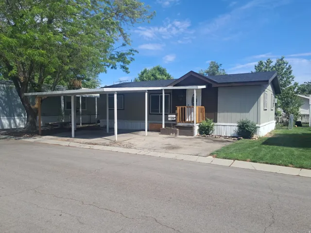 Single-story residence featuring light gray siding with white trim, a dark shingle roof, and a covered carport