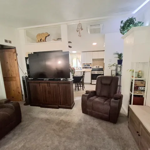 Open concept living area featuring a neutral carpeted floor and a rustic wood-finish barn door