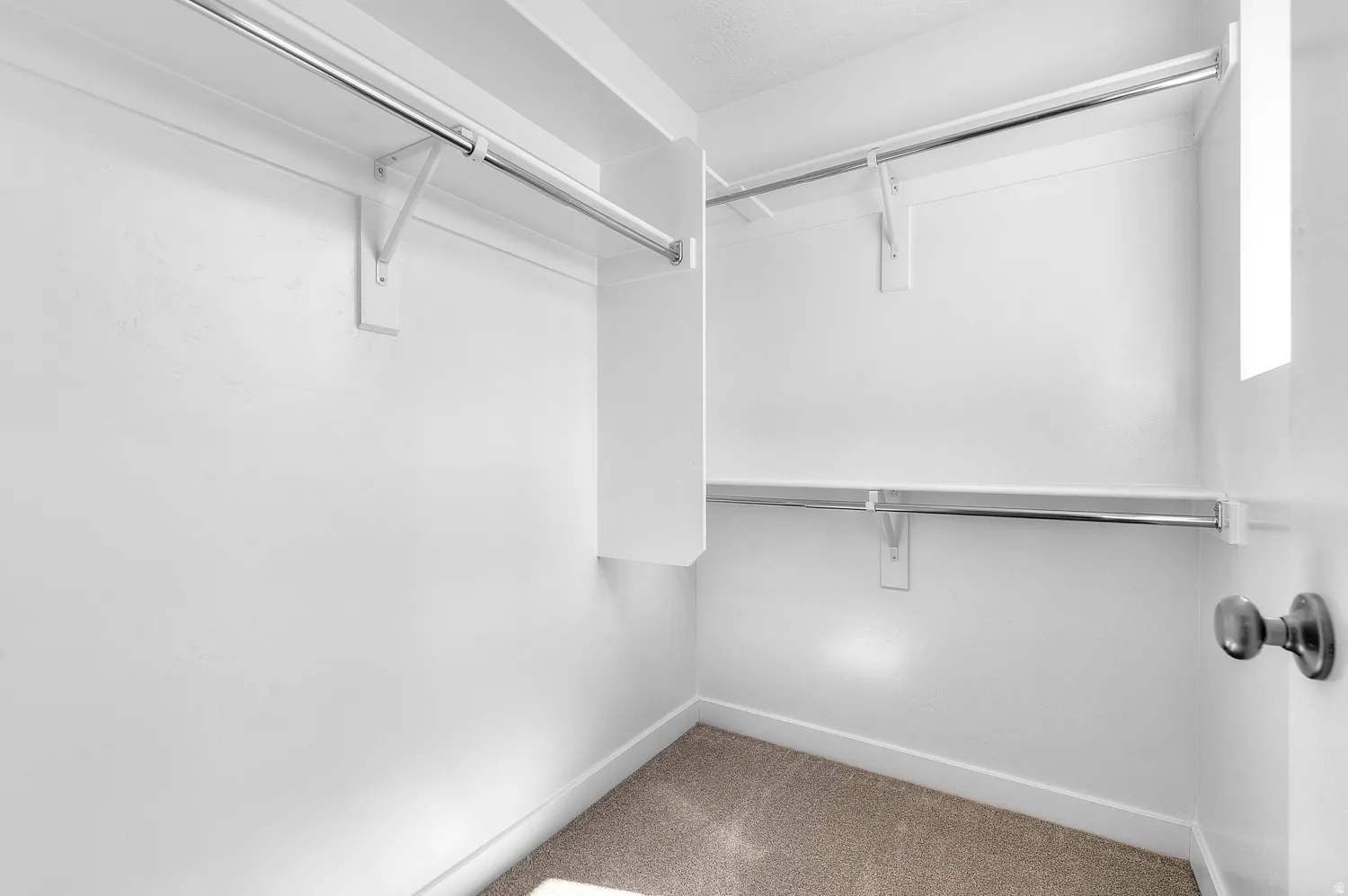 Walk-in closet featuring white walls, carpeting, and multiple chrome hanging rods for ample storage