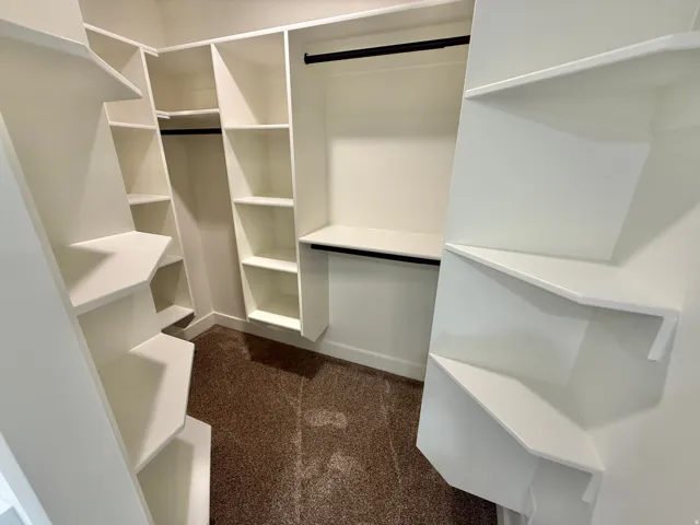 Spacious walk-in closet featuring custom white shelving and storage systems with multiple compartments, hanging rods with black hardware, and warm-toned carpeting throughout