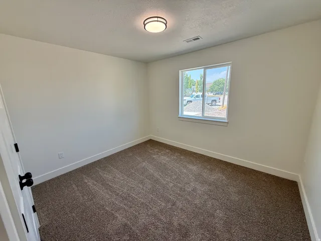 Neutral wall color, wall-to-wall carpeting, contemporary flush mount ceiling light, white trim, and a double-pane window