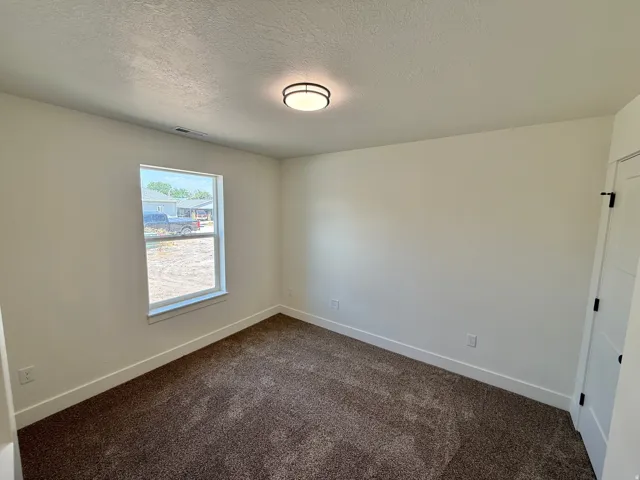 Recessed window, ceiling-mounted light fixture, neutral wall color, and textured carpeting