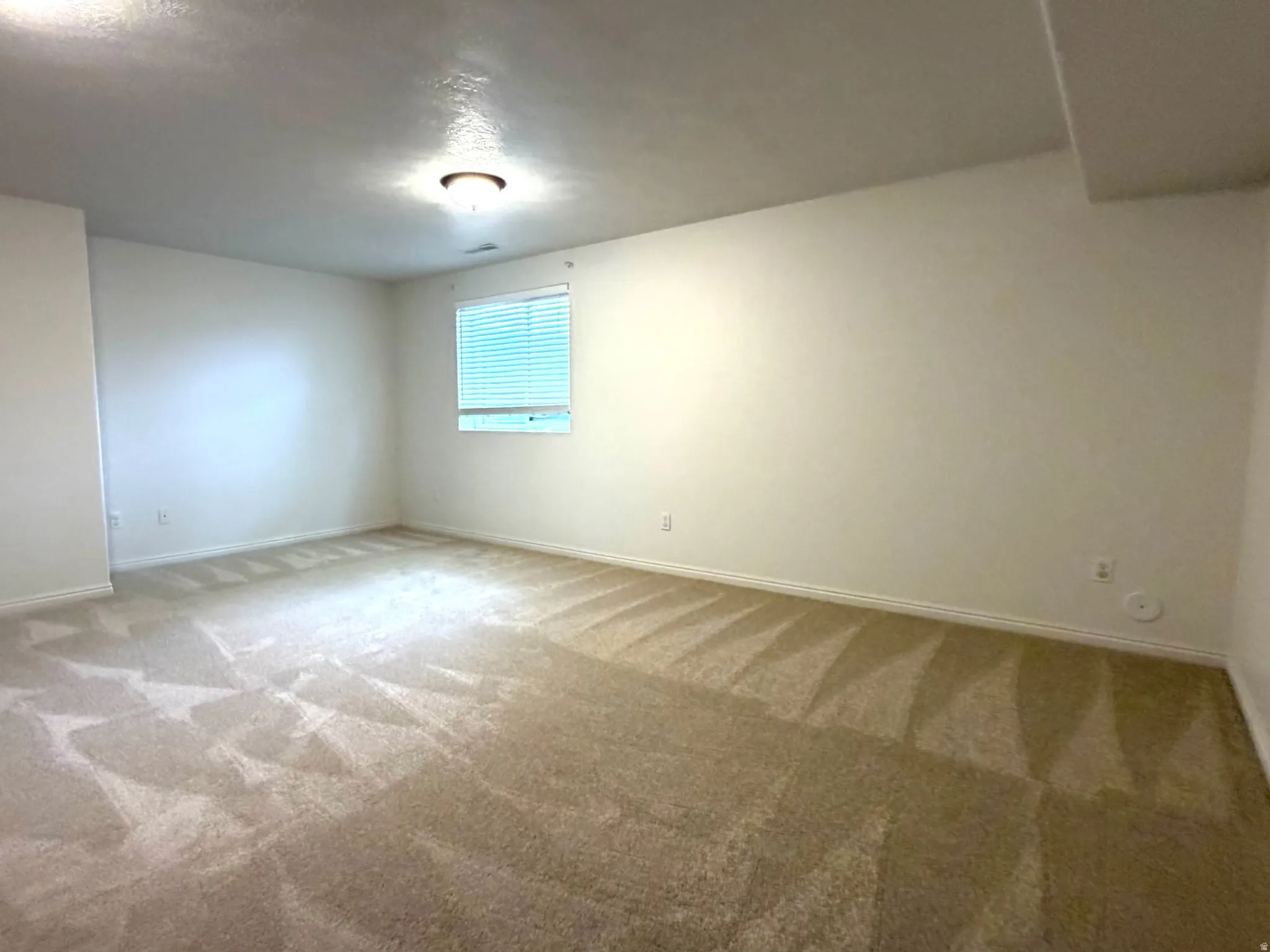Spacious room featuring neutral carpeting, light-toned walls, a single window with blinds, and recessed lighting
