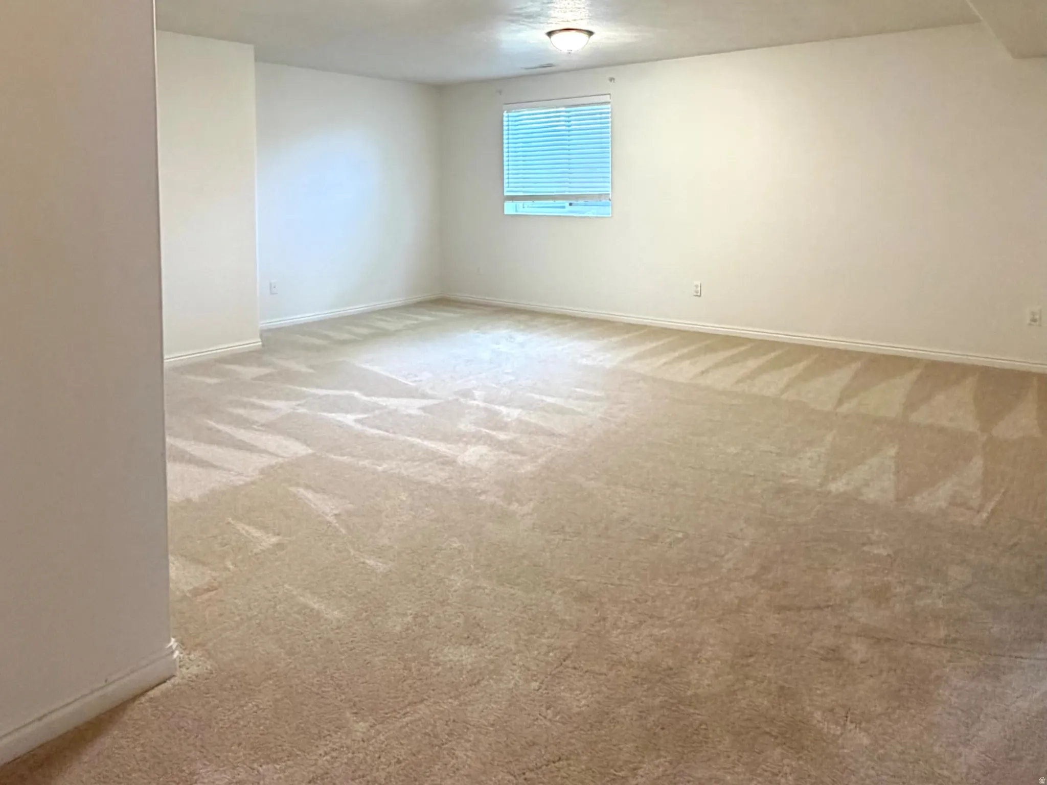 Carpeted room with a rectangular window, white walls, and flush-mount ceiling lighting