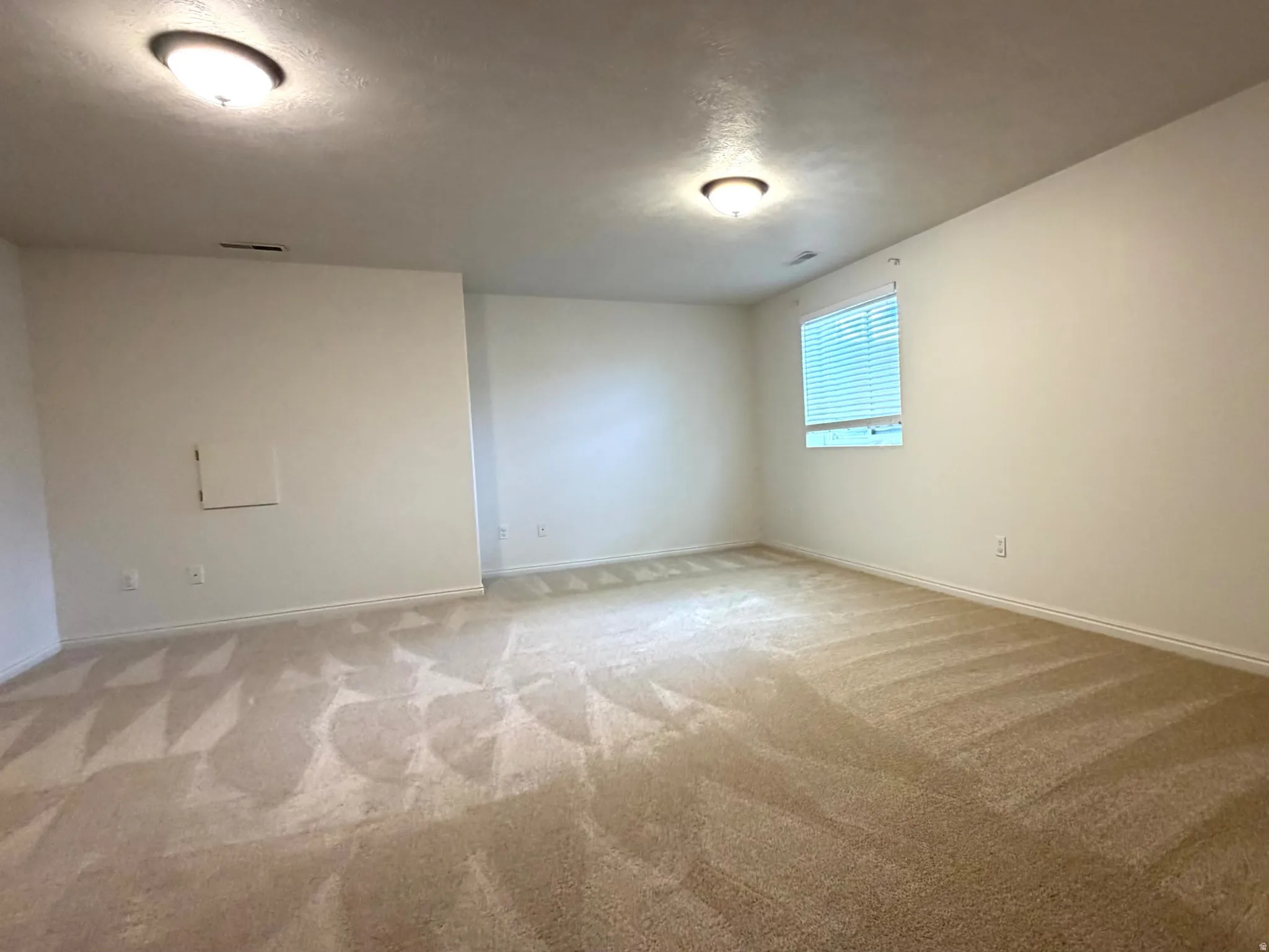 Spacious room featuring neutral carpeting, light-toned walls, and a window with blinds
