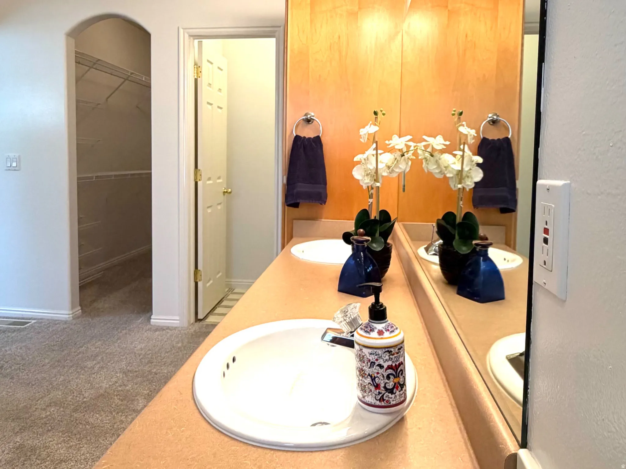 Double vanity with integrated sinks, a generous countertop, and an overhead light fixture