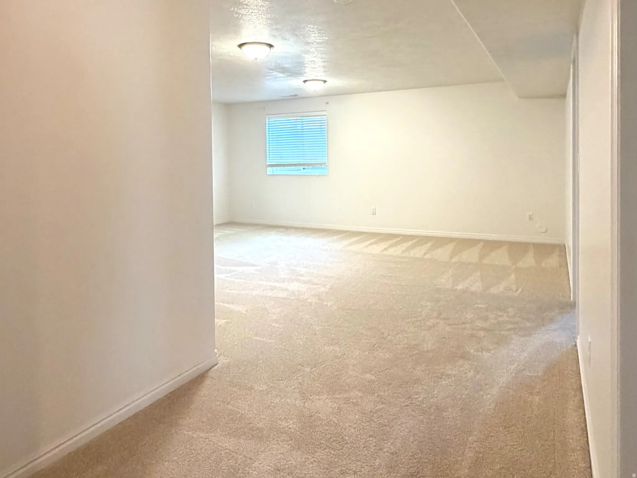 Spacious carpeted room with neutral walls and ceiling-mounted lighting