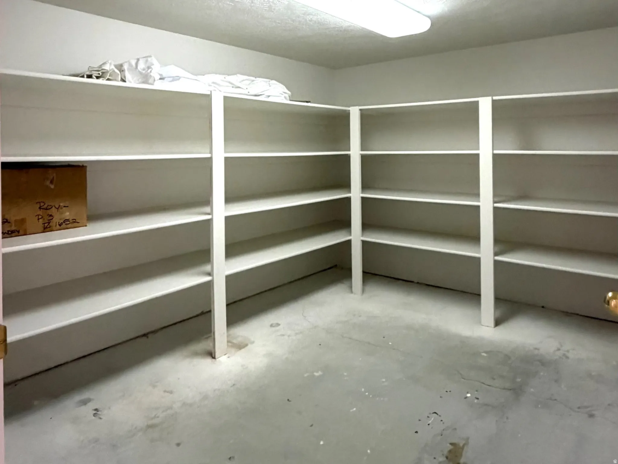 Expansive storage area featuring extensive built-in shelving, a concrete floor, and overhead fluorescent lighting