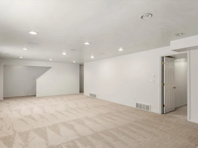 Spacious room featuring neutral carpeting, recessed lighting, white painted walls, and a white paneled door
