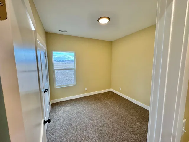 Carpeted room with a single window, white trim, and a flush-mount ceiling light