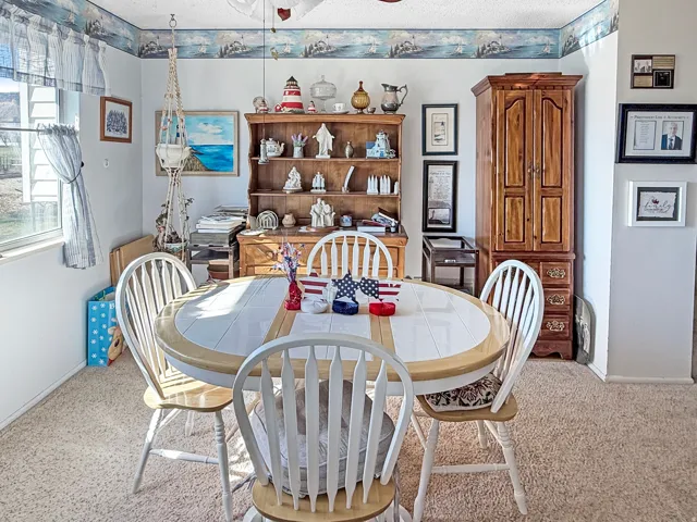 Carpeted room featuring a window with horizontal blinds, a ceiling fan, and wall-mounted shelving