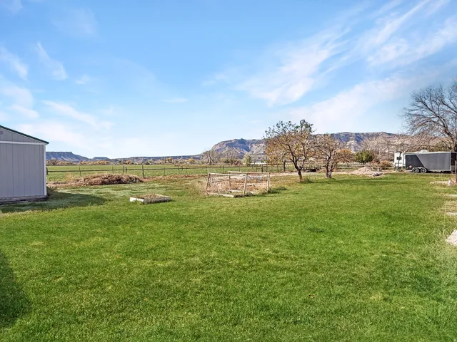 Expansive green lawn with a gray storage shed and distant mountain scenery