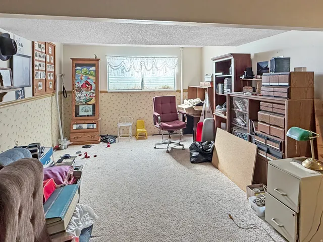 Carpeted lower-level room featuring a window with a valance, built-in shelving, and a textured ceiling