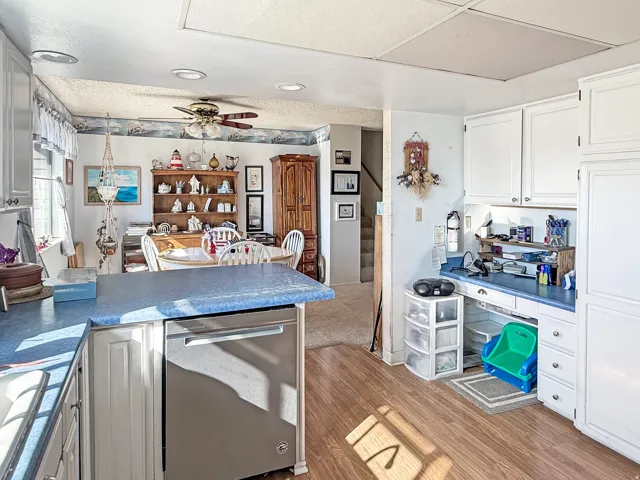 Kitchen area featuring blue countertops, white cabinetry, wood-finish flooring, and a stainless steel dishwasher