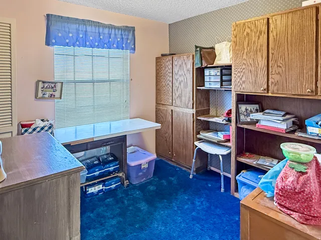 Space featuring a large window with blinds, blue carpeting, and built-in wood cabinetry with shelving