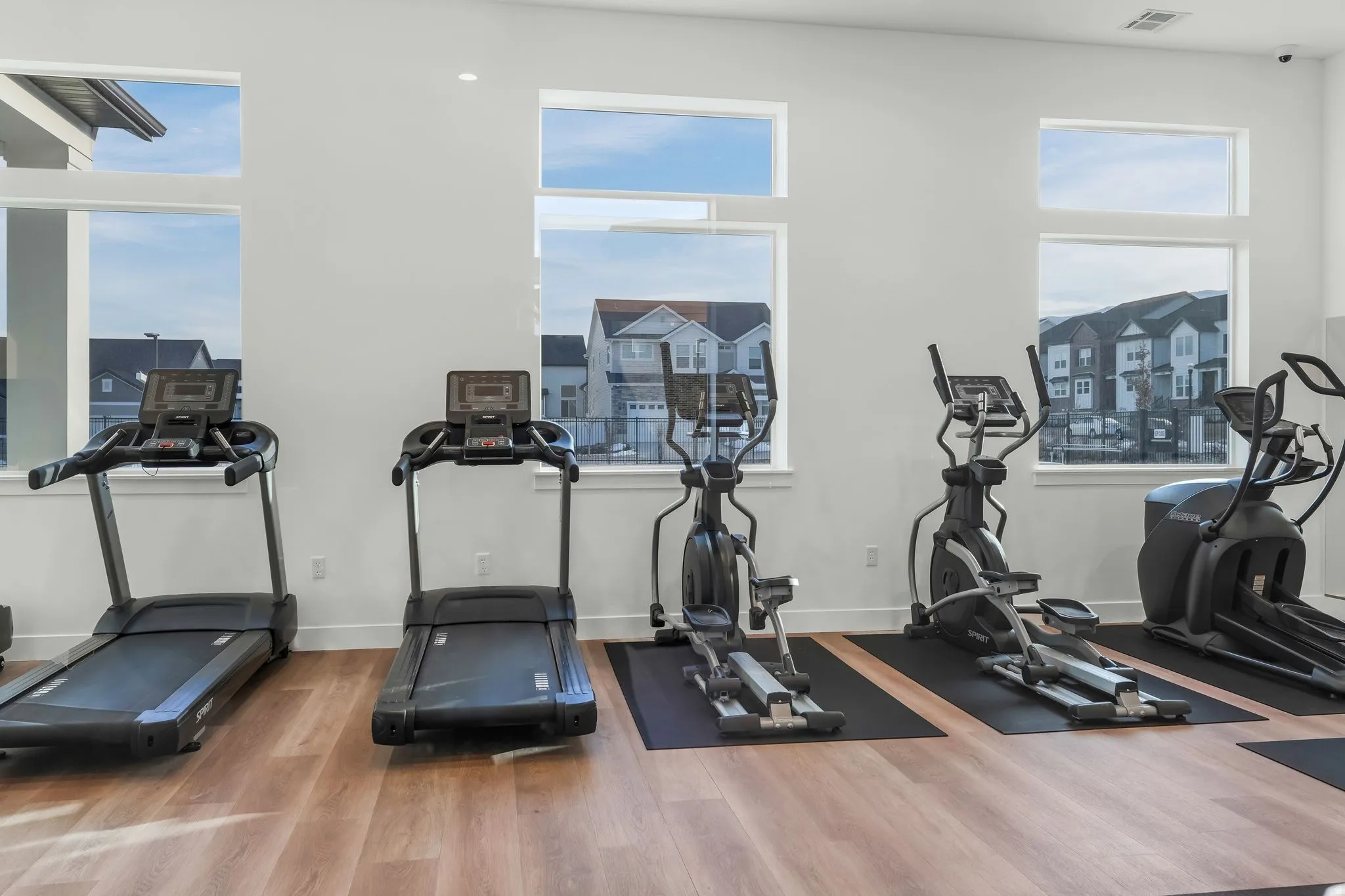 Fitness room featuring wood-finish flooring and multiple windows