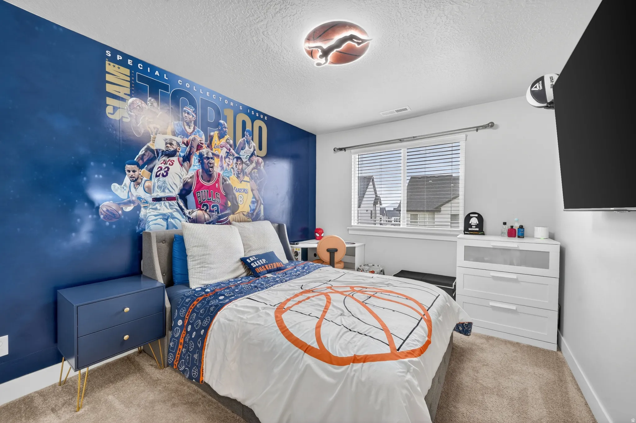 Carpeted room featuring a window with horizontal blinds, a wall-mounted light fixture, and a built-in wall mural
