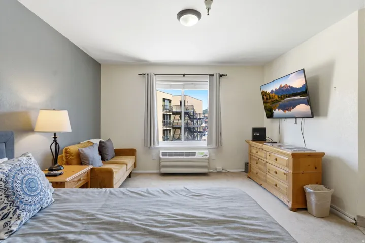 Carpeted room with a feature wall, window with exterior building visibility, and a wall-mounted climate control unit