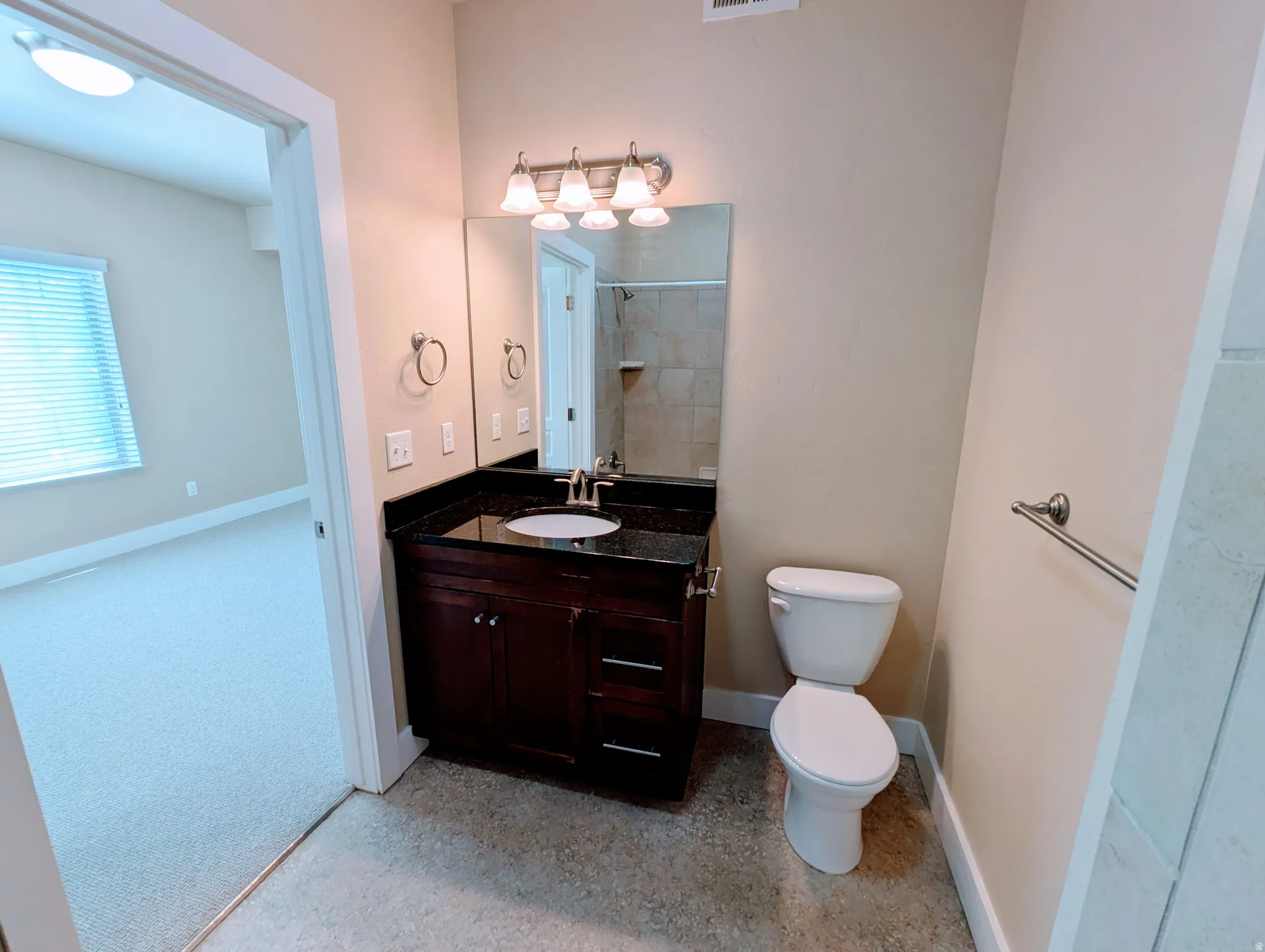 Bathroom featuring a dark wood-finish vanity with a dark countertop, an undermount sink, and a three-light vanity fixture
